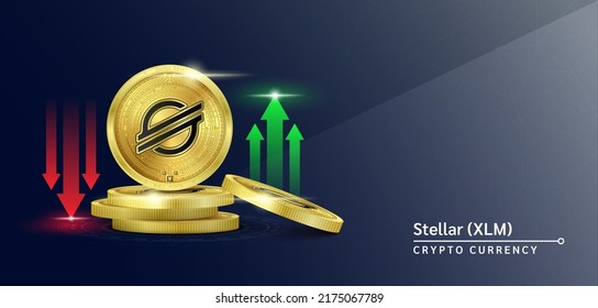 Banner de criptodivisa de token estelar. Futura moneda en el mercado bursátil de blockchain con flechas rojas-verdes arriba y abajo. Monedas de oro cripto monedas. Cartel de noticias de fondo sólido. Vector 3D.