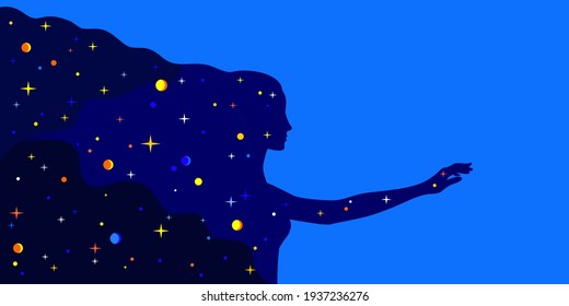 Stellar universe in the shape of a woman's profile silhouette with outstretched hand on a blue background