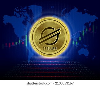Stellar (XLM) coin. 3D Vector illustration. Cryptocurrency blockchain (crypto currency) Future digital replacement technology. Silver golden virtual currency growth share chart is background.