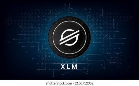 Símbolo (token) de criptodivisa de la moneda estelar (XLM). Icono de moneda en fondo oscuro. Tecnología para las finanzas en la cadena internacional de bloqueo de acciones. Ilustración vectorial.