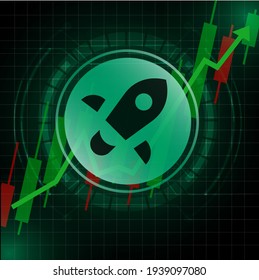 Stellar (XLM) cryptocurrency value price going up concept design. Glowing Dash Coin on Green candle stick charts with black and green background.Vector Illustration.EPS10.