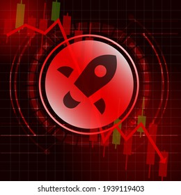 Stellar (XLM) cryptocurrency value price fall drop concept design. Glowing Dash Coin on red candle stick charts with black and red background.Vector Illustration.EPS10.