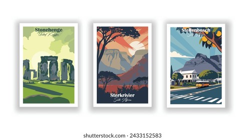 Stellenbosch, Südafrika. Sterkrivier, Südafrika. Stonehenge, Großbritannien - Set mit 3 Vintage-Reiseplakaten. Vektorgrafik. Qualitativ hochwertige Ausdrucke