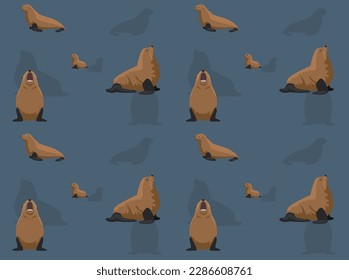 Steller Sea Lion Cute Cartoon Poses Seamless Wallpaper Background