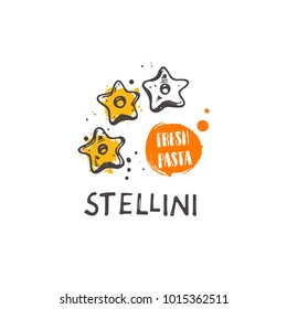 Stellini pasta. Italian cuisine. Logo, icon and label for your design. Hand drawn doodle vector illustration. Can be used for menu, cafe, restaurant, bar, poster, shop, food studio, emblem, sticker.