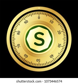 Stellite (XTL) cryptocurrency safe lock. Eps10 vector illustration isolated on black background.