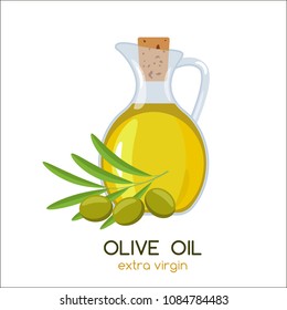 Stelny jug-bottle with salt oil on the background of a branch of olive and olives. flat vector illustration isolated on white background