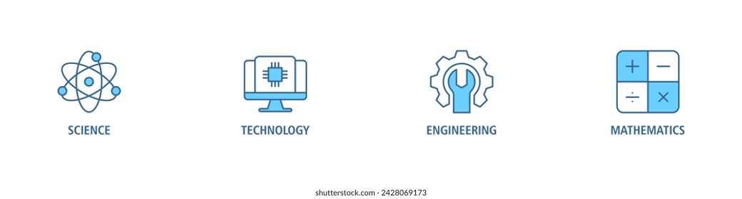 STEM banner web icon set vector illustration concept for science, technology, engineering, mathematics education with icon of flask, microscope, AI, processor, machine, and calculator