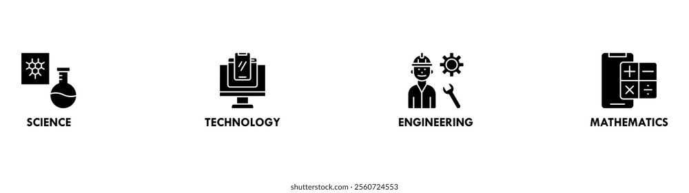 STEM banner web icon set vector illustration concept for science, technology, engineering, mathematics education with icon of flask, microscope, AI, processor, machine, and calculator