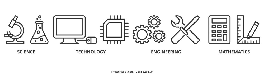 STEM banner web icon vector illustration concept for science, technology, engineering, mathematics education with icon of flask, microscope, artificial intelligence, processor, machine, and calculator