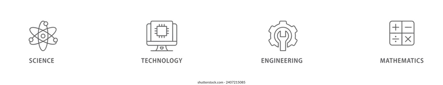 STEM-Banner-Websymbol, Vektorgrafik-Konzept für Wissenschaft, Technologie, Ingenieurwesen, Mathematikunterricht mit Symbol für Kolben, Mikroskop, künstliche Intelligenz, Prozessor, Maschine und Taschenrechner