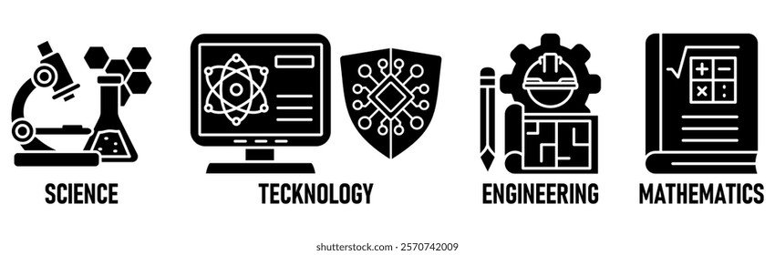 STEM banner web icon vector illustration concept for science, technology, engineering, mathematics education with icon of flask, microscope, artificial intelligence, processor, machine, and calculator