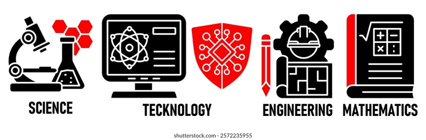 STEM banner web icon vector illustration concept for science, technology, engineering, mathematics education with icon of flask, microscope, artificial intelligence, processor, machine, and calculator