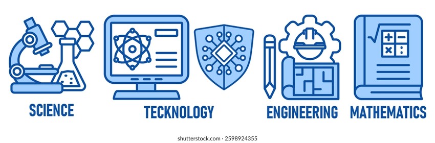 STEM banner web icon vector illustration concept for science, technology, engineering, mathematics education with icon of flask, microscope, artificial intelligence, processor, machine, and calculator