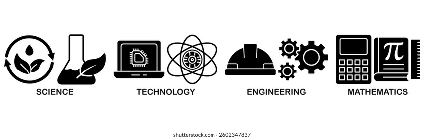 STEM banner web icon vector illustration concept for science, technology, engineering, mathematics education with icon of flask, microscope, artificial intelligence, processor, machine, and calculator