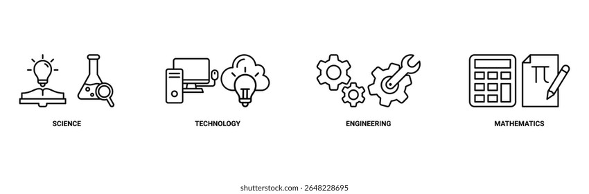 Ilustração vetorial do ícone da web do banner da CTEM para ciência, tecnologia, engenharia, educação matemática com ícone do frasco, microscópio, inteligência artificial, processador, máquina e calculadora