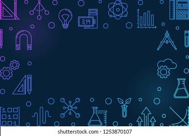 STEM blue horizontal frame with empty space for text. Vector education bright illustration in thin line style on dark background