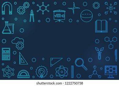 STEM blue horizontal frame with place for your text. Vector science colored outline illustration or background