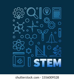 STEM blue modern outline banner - vector science, technology, engineering, math linear illustration on dark background