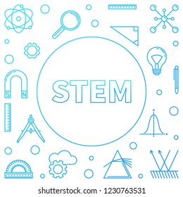 STEM blue square frame. Vector science concept illustration in thin line style on white background