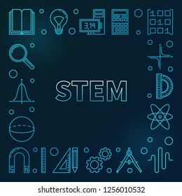 STEM blue square frame. Vector science concept outline illustration on dark background