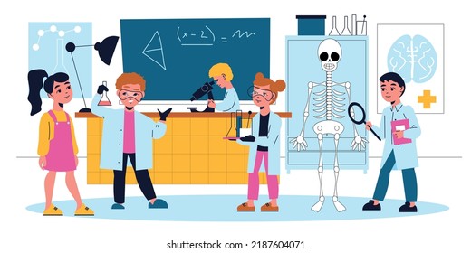 Stem camp children background with science and experiment symbols flat vector illustration