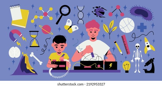 Stem camp children big set with study and lab symbols flat isolated vector illustration