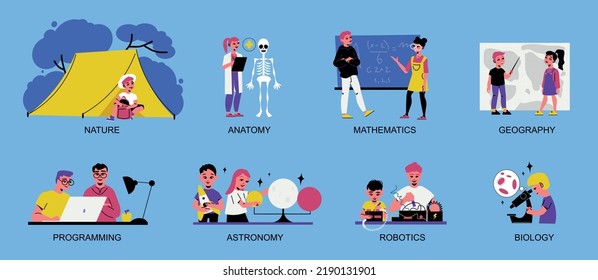 Stem camp children compositions set with astronomy and biology symbols flat isolated vector illustration