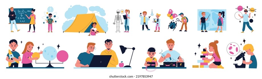 Stem camp children set with study and rest symbols flat isolated vector illustration