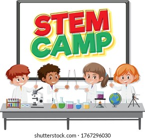 Stem camp logo with kids wearing scientist costume isolated illustration