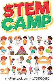 Stem camp logo and set of children with education objects isolated illustration