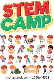 Logo und Set von Kindern im Stem-Camp mit Unterrichtsobjekten, einzelne Illustration