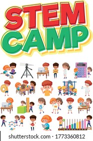 Stem camp logo and set of children with education objects isolated illustration