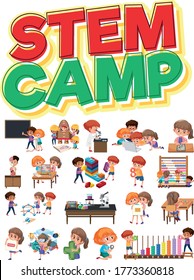 Stem camp logo and set of children with education objects isolated illustration