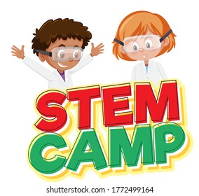 Stem camp logo and two kids wearing scientist costume isolated illustration
