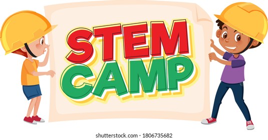 Stem camp logo and two kids wearing engineer hat isolated illustration