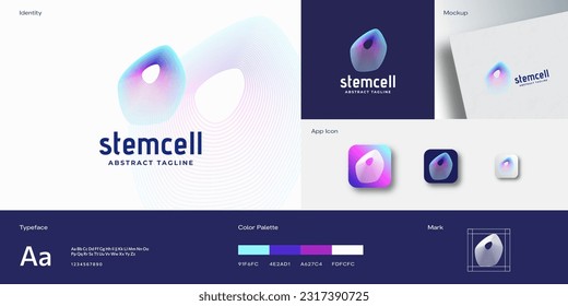 Stem Cell Abstract Vector Emblem Logo Template. Neon Gradient Biology Medical Symbol. Identity Guide with Typography mockup and app icons background layout. Isolated