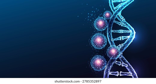 Stem cell reprogramming and regenerative medicine concept with cellular biology. DNA double helix with pluripotent cells, iPSC, cell differentiation, gene reprogramming. Glowing vector illustration.