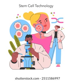 Concepto de Tecnología de células madre. Investigadores que estudian terapias celulares avanzadas. Biotecnología, medicina regenerativa y colaboración científica. Ilustración vectorial.