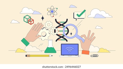 STEM classes with science and math education tiny person neubrutalism concept. Engineering, mathematics and physics learning for smart students vector illustration. Curiosity experiments in school.