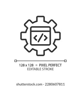 STEM in coding in pixel perfect linear icon. App development studying process. Programming courses for students. Thin line illustration. Contour symbol. Vector outline drawing. Editable stroke