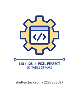 STEM in coding in pixel perfect RGB color icon. App development studying process. Programming courses for students. Isolated vector illustration. Simple filled line drawing. Editable stroke
