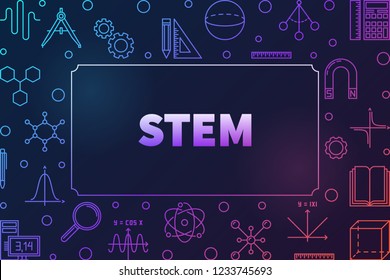 STEM colored horizontal frame with place for your text. Vector education concept illustration in thin line style on dark background