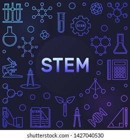 STEM colored illustration in thin line style. Vector Science, Technology, Engineering and Math concept colored linear frame on dark background