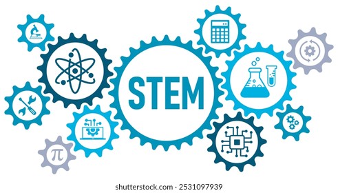 STEM concept banner web website icons vector illustration concept with icons of science, technology, engineering, mathematics, education, microscope, artificial intelligence, processor, calculator