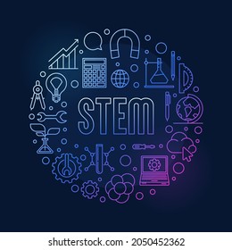 STEM concept circular colored outline banner. Science, Technology, Engineering and Mathematics Education vector illustration with dark background