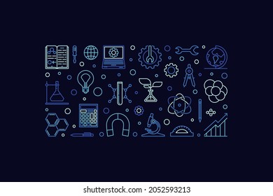 STEM concept horizontal banner - Science, Technology, Engineering and Mathematics Education vector blue illustration in thin line style