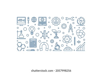 STEM concept minimal horizontal banner - Science, Technology, Engineering and Mathematics Education vector blue outline illustration on white background 