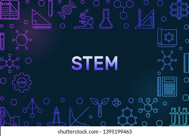 STEM concept outline horizontal colored frame - vector Science, Technology, Engineering and Math illustration on dark background