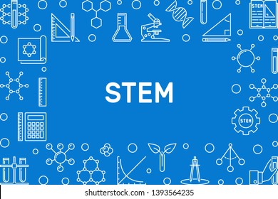 STEM concept outline minimal horizontal frame. Vector illustration with blue background